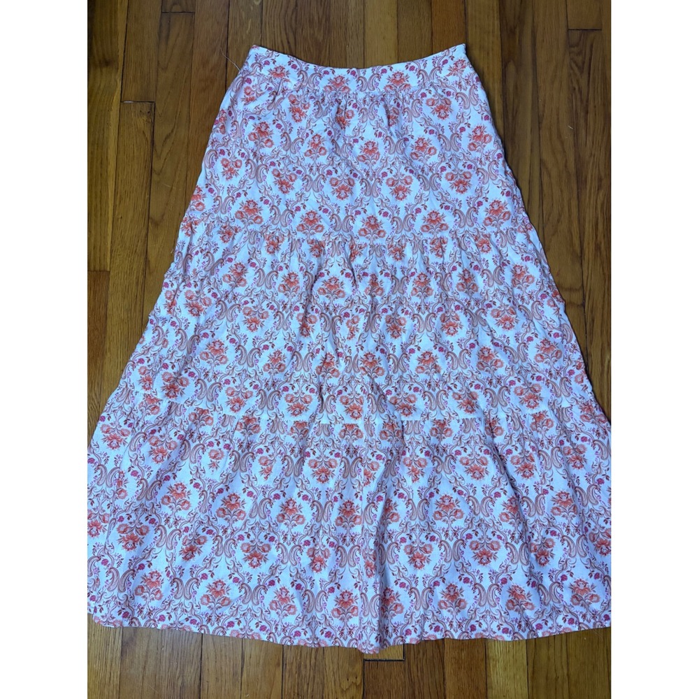 Cynthia Rowley Women Orange Pink Floral Damask Tiered Linen Blend Maxi Skirt S